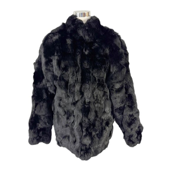Black Rabbit Fur Coat Jacket Oversized Sleeves Size M Zip Front Vintage 1980s - Picture 4 of 8